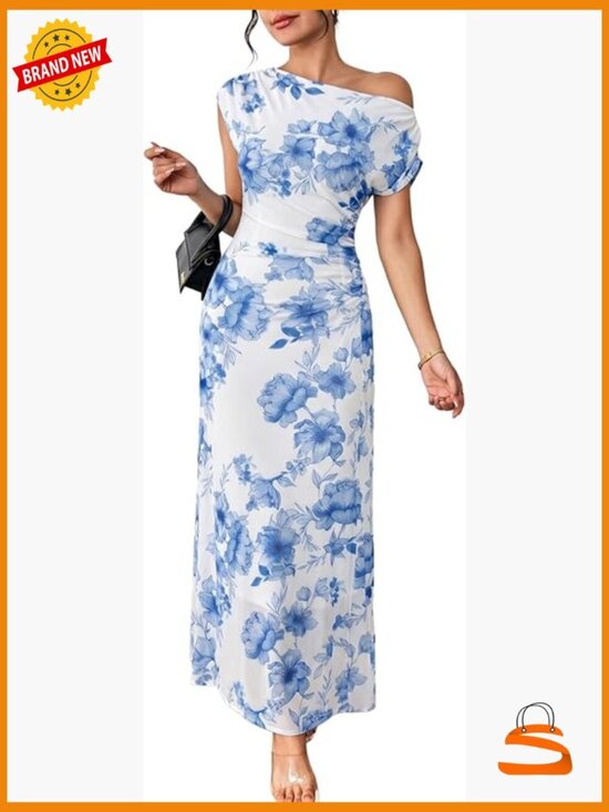Dresses & Skirts - Elegant Off Shoulder Floral Maxi Dress Ruched Bodycon Wedding Guest Gown
